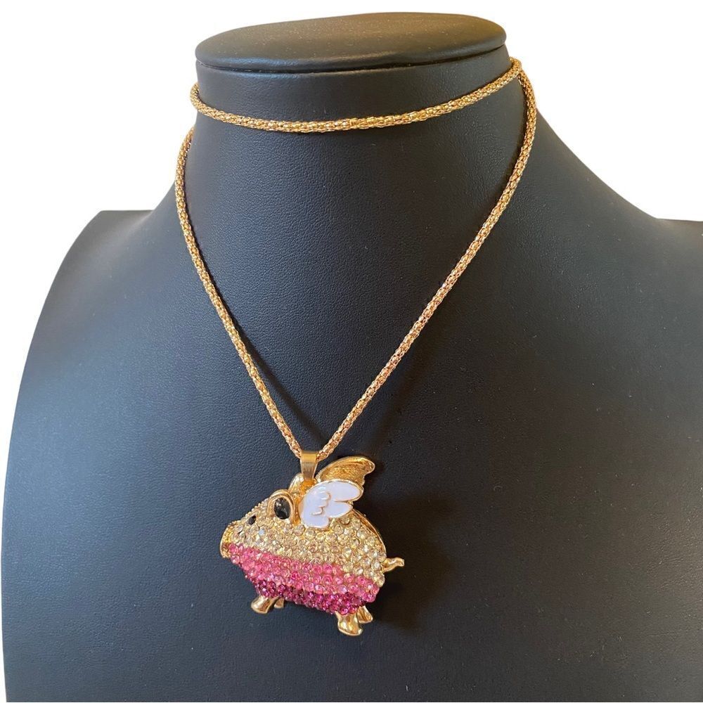 Sparkly Adorable Flying Pig Necklace on Long Gold Toned Chain. - Picture 2 of 8